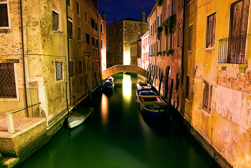 Canal with Boats at Night
