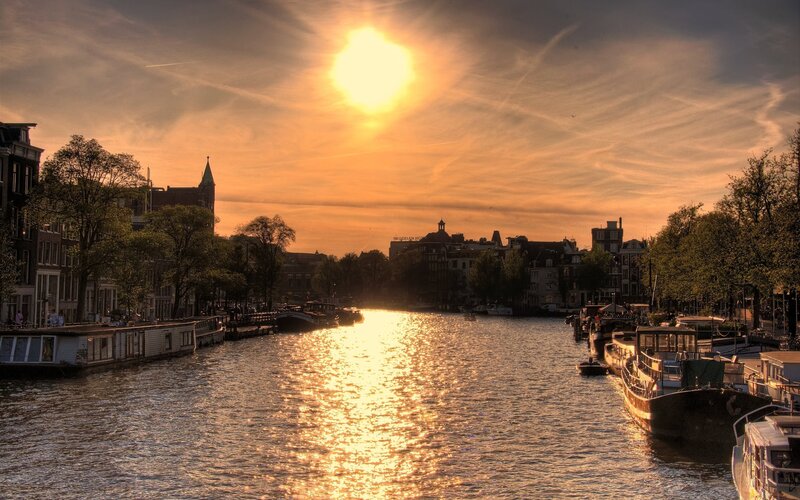 Canal with Boats at Sunset