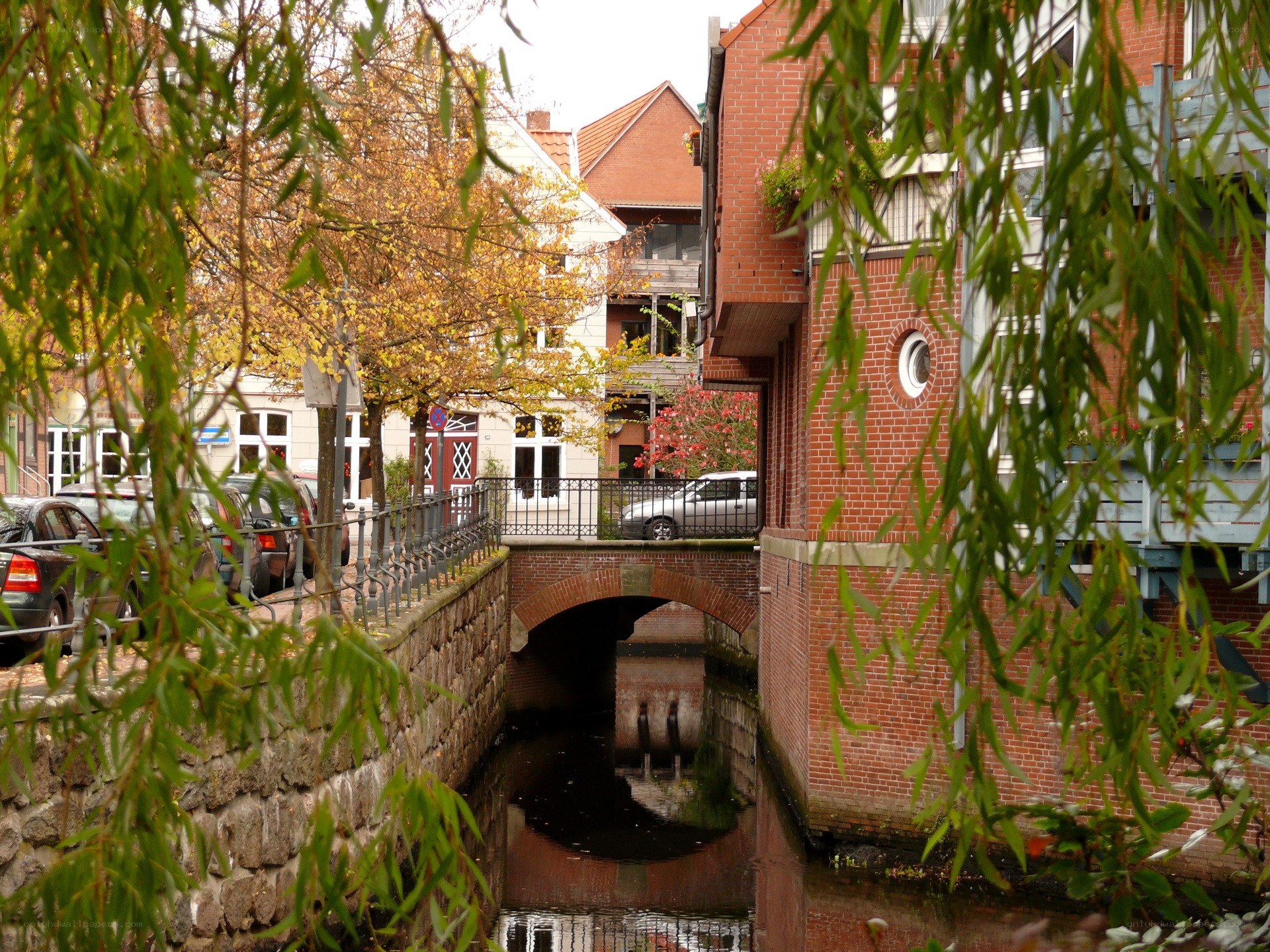Canal with brick bridge in Germany