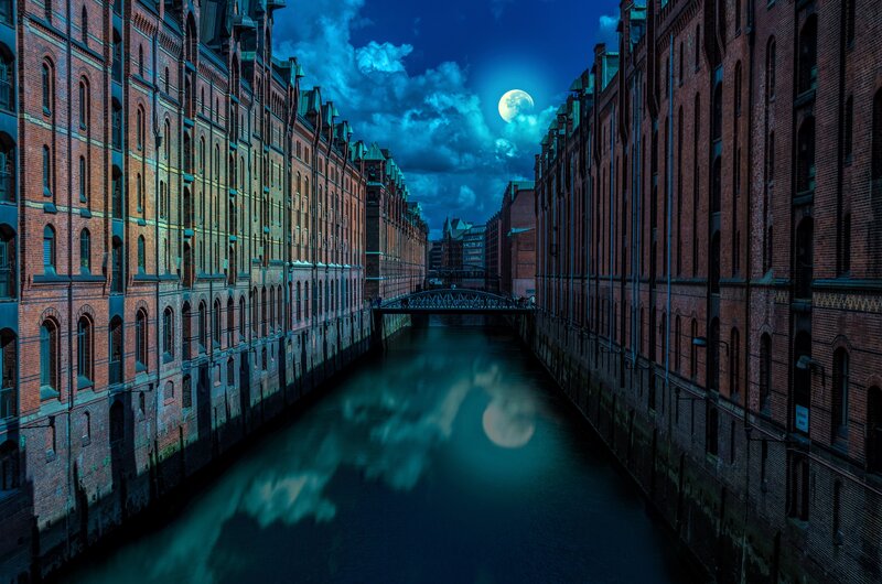 Canal with Brick Buildings — Blue, Dramatic