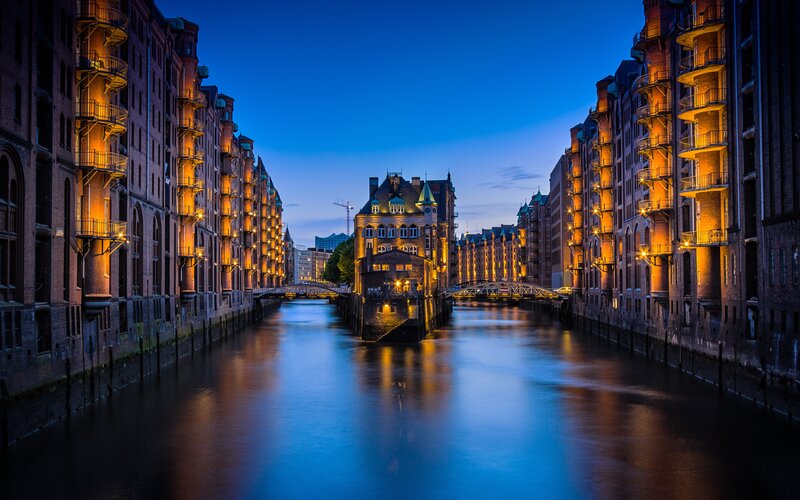 Canal with Brick Buildings — Blue, Serene, Night