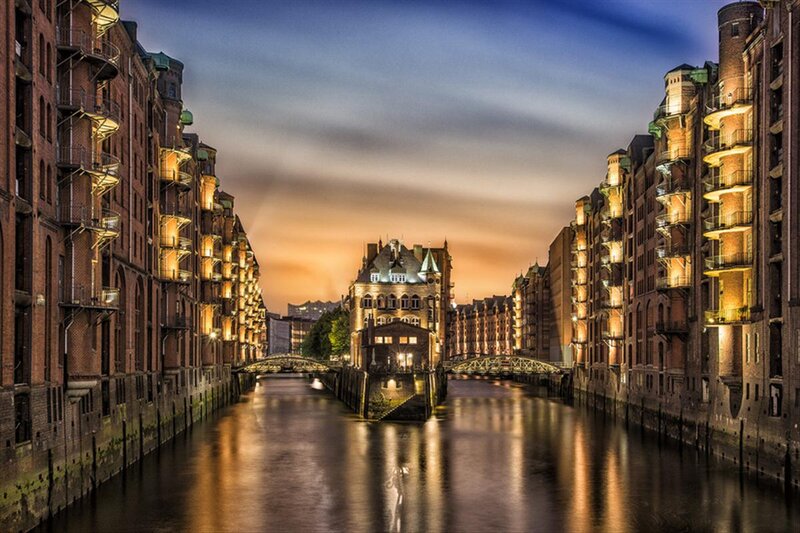 Canal with Brick Buildings — Blue