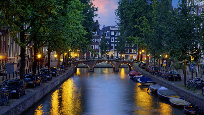 Canal with Bridge at Dusk — Blue