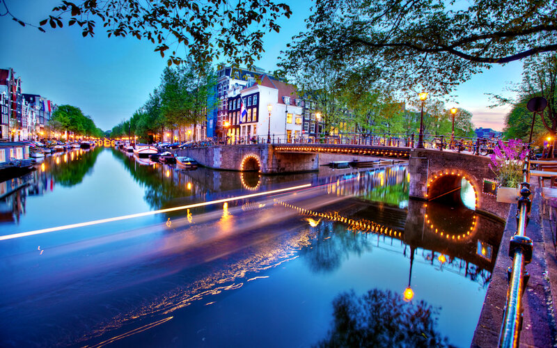 Canal with Bridge at Dusk