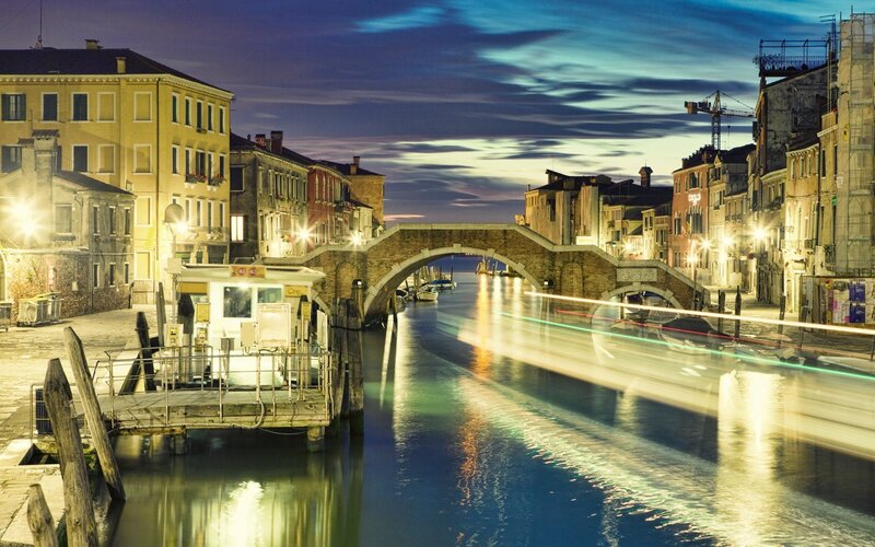Canal with Bridge at Night — Blue, Serene