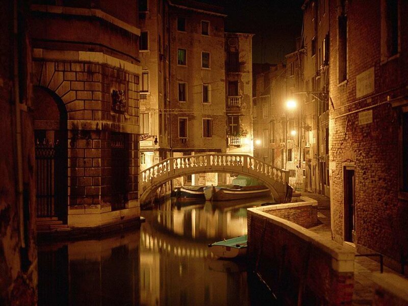 Canal with Bridge at Night — Brown, Serene