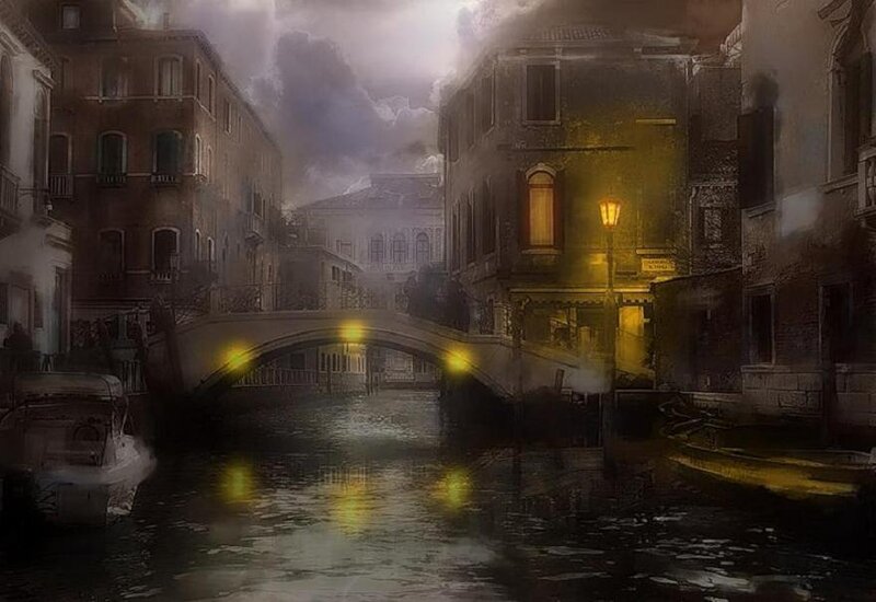 Canal with Bridge at Night