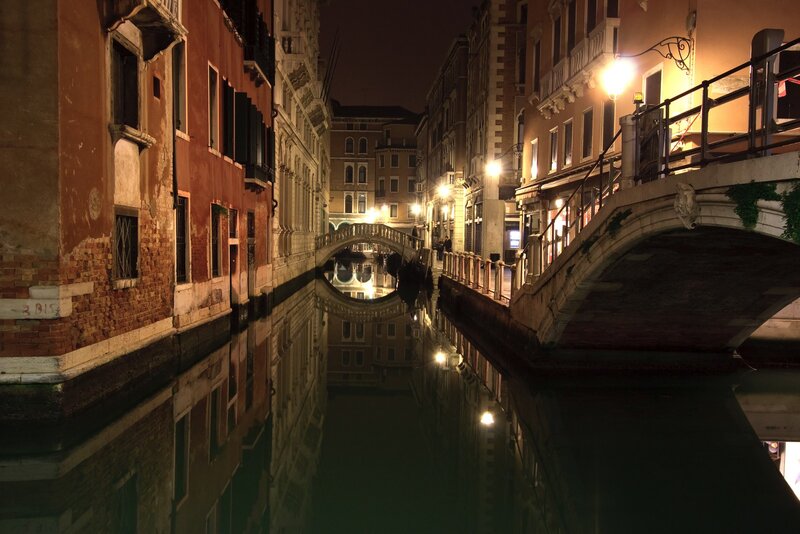 Canal with Bridges at Night — Brown, Serene
