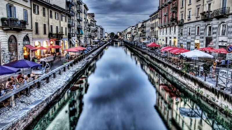 Canal with Outdoor Cafes — Blue, Dramatic, Night, Photograph