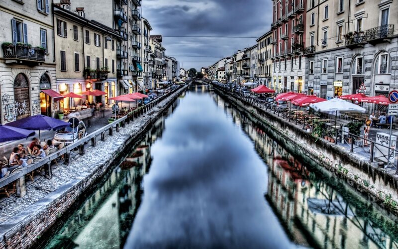 Canal with Outdoor Cafes — Blue