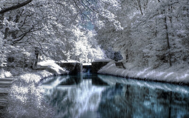 Canal with Waterfall — White