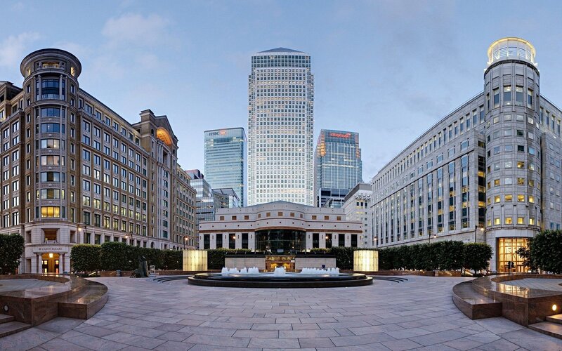 Canary Wharf plaza at dusk