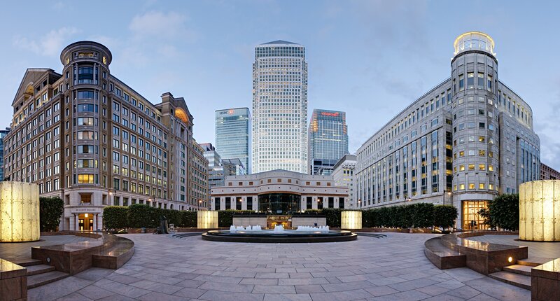 Canary Wharf skyline at dusk