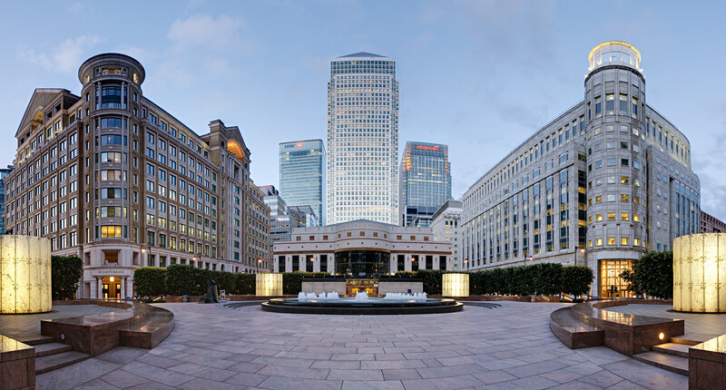 Canary Wharf skyline at dusk