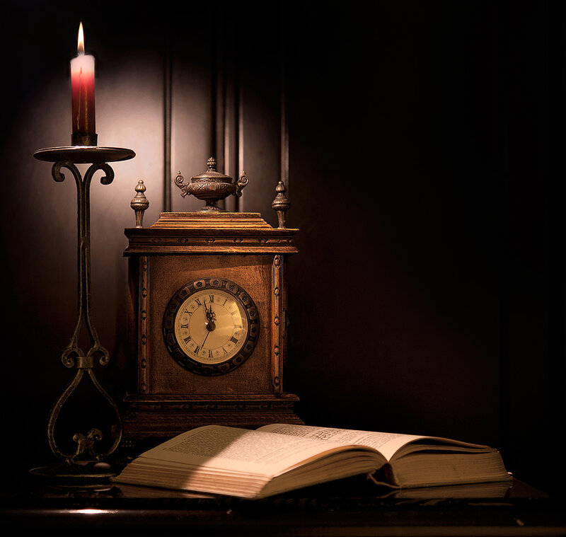 Candle and Clock on Table — Brown