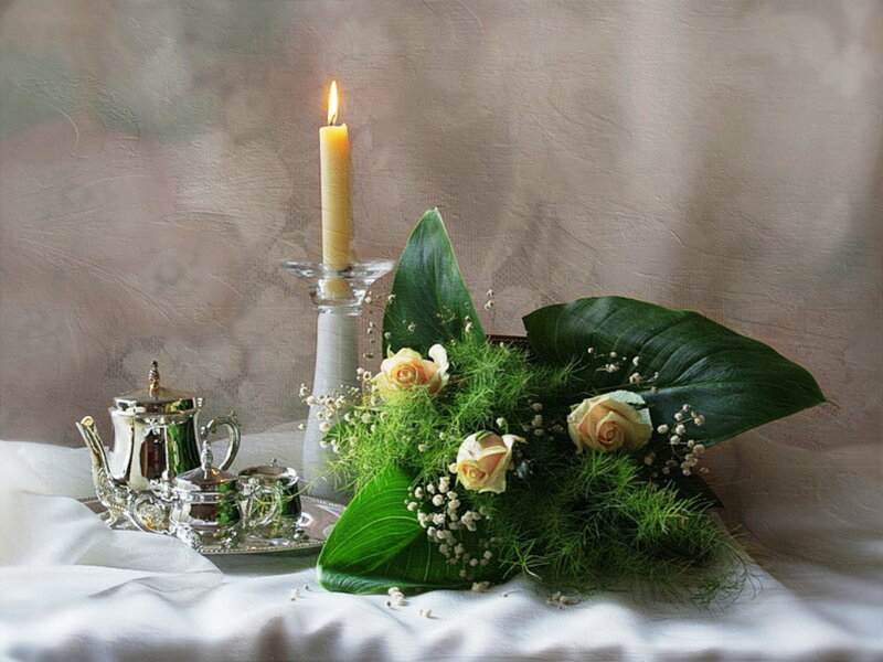 Candle and Flowers on Table — Green