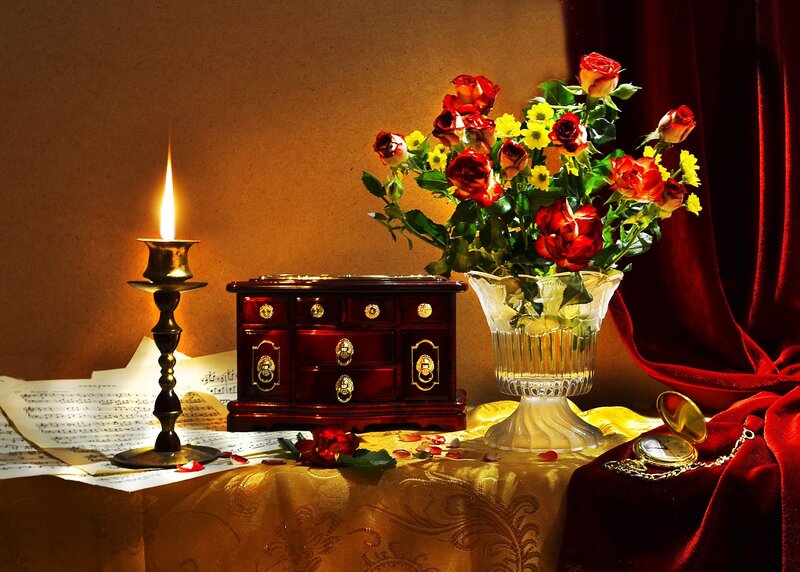 Candle and Flowers on Table — Red