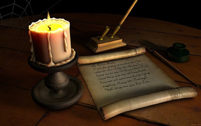 Candle and Letter on Table