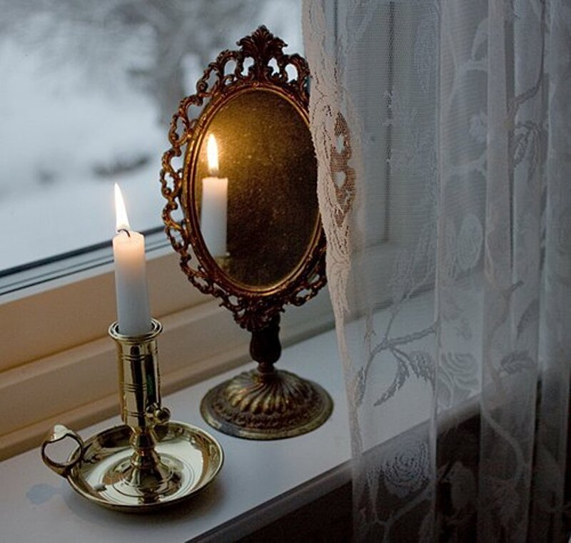 Candle and Mirror on Windowsill