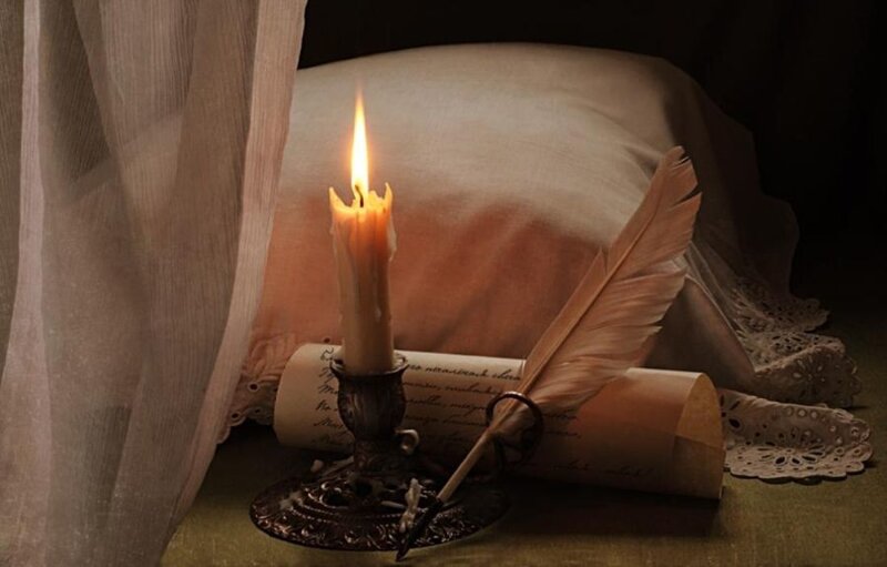 Candle and Quill on Table — Brown