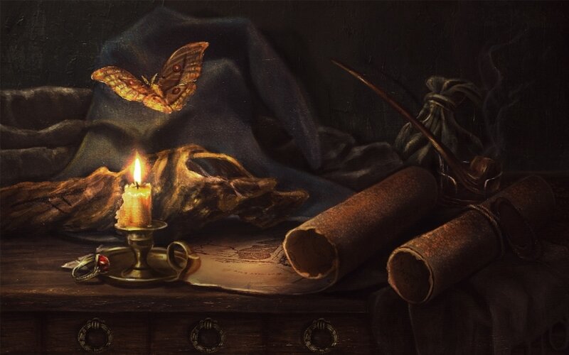 Candle and Scrolls on Table