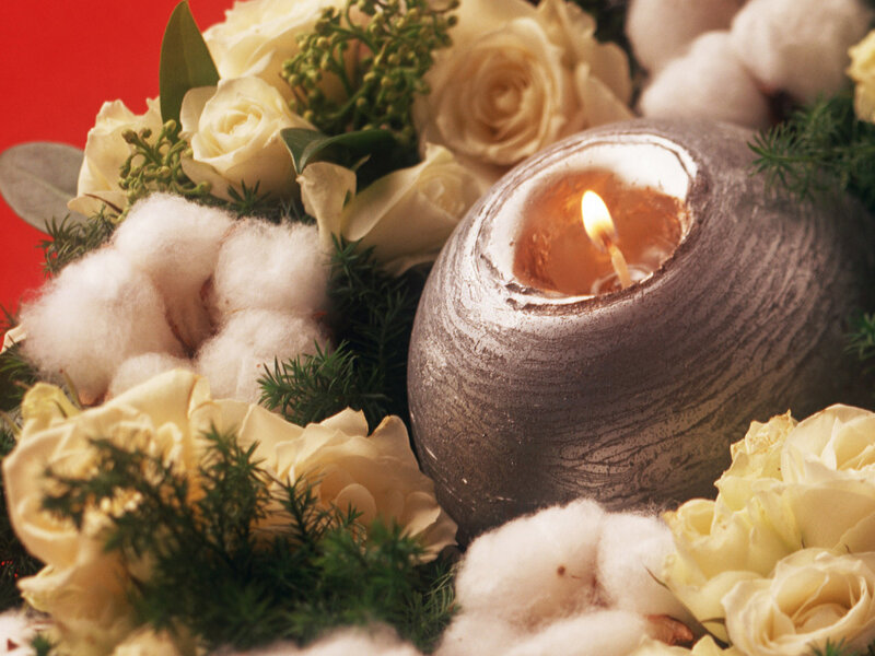 Candle in Floral Arrangement — White