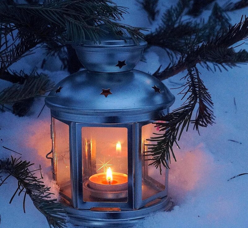 Candle Lantern in Snow — Blue, Serene