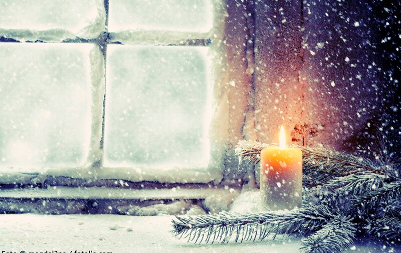 Candle on Snowy Windowsill