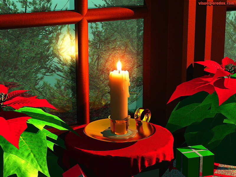 Candle on Table with Poinsettias