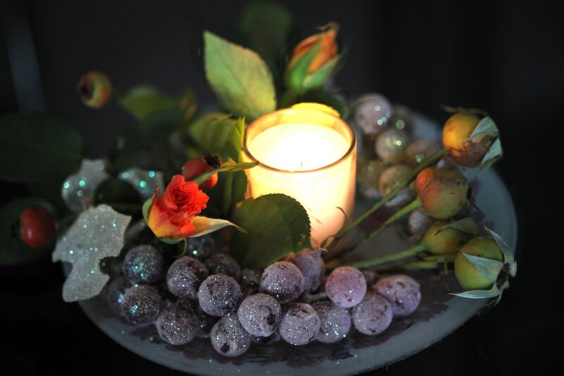 Candle with Berries and Flowers