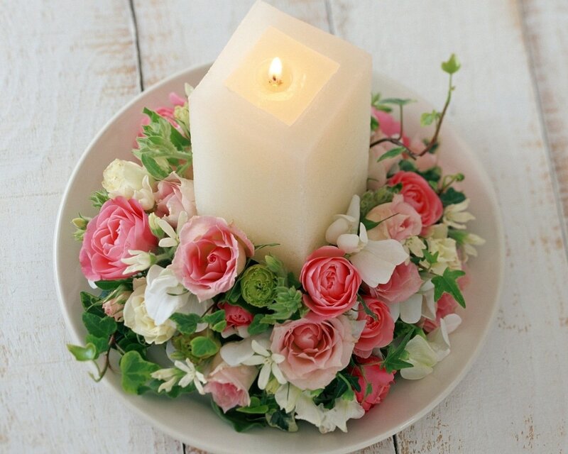 Candle with Floral Arrangement — Pink, Serene, Photograph, Flowers