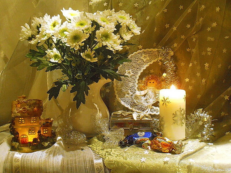 Candle with Flowers and Angel