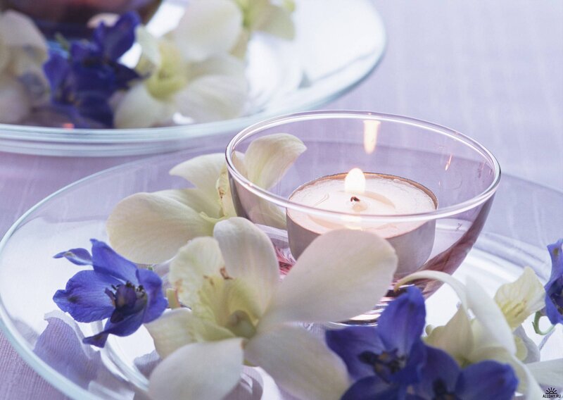 Candle with Flowers — White, Serene, Photograph