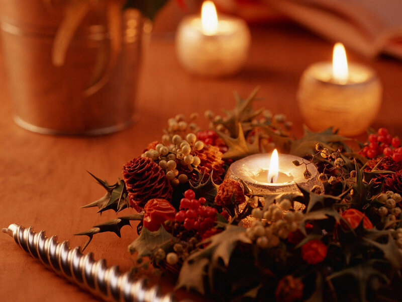 Candle with Holly and Berries
