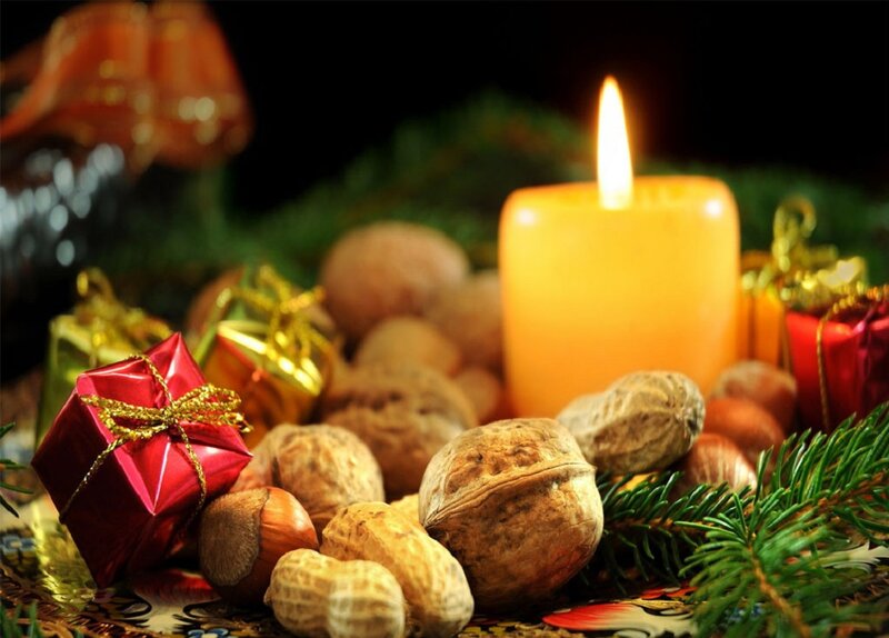 Candle with Nuts and Gifts — Red, Festive, Night