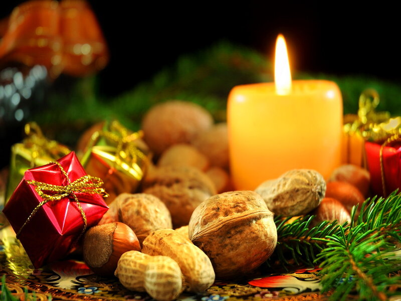 Candle with Nuts and Gifts — Red