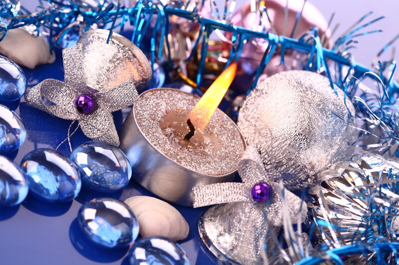 Candle with Ornaments — Blue, Festive, Photograph