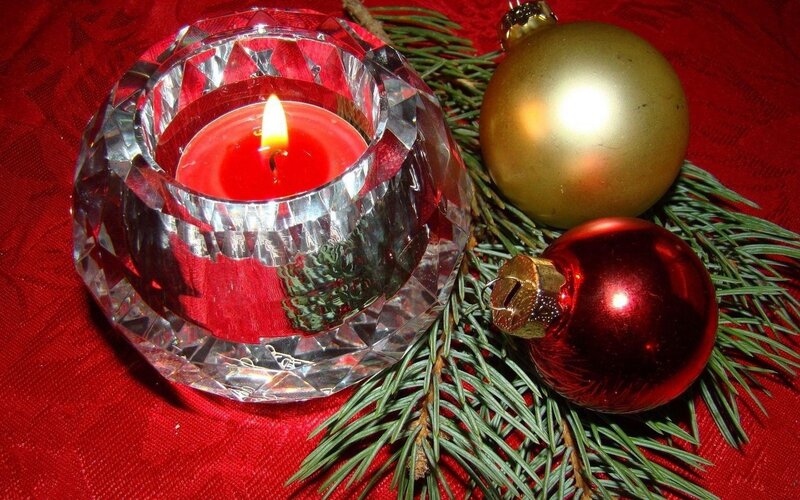 Candle with Ornaments — Red, Festive, Winter, Photograph, Pine Branches