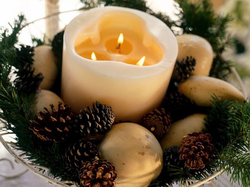 Candle with Pinecones — White, Cozy