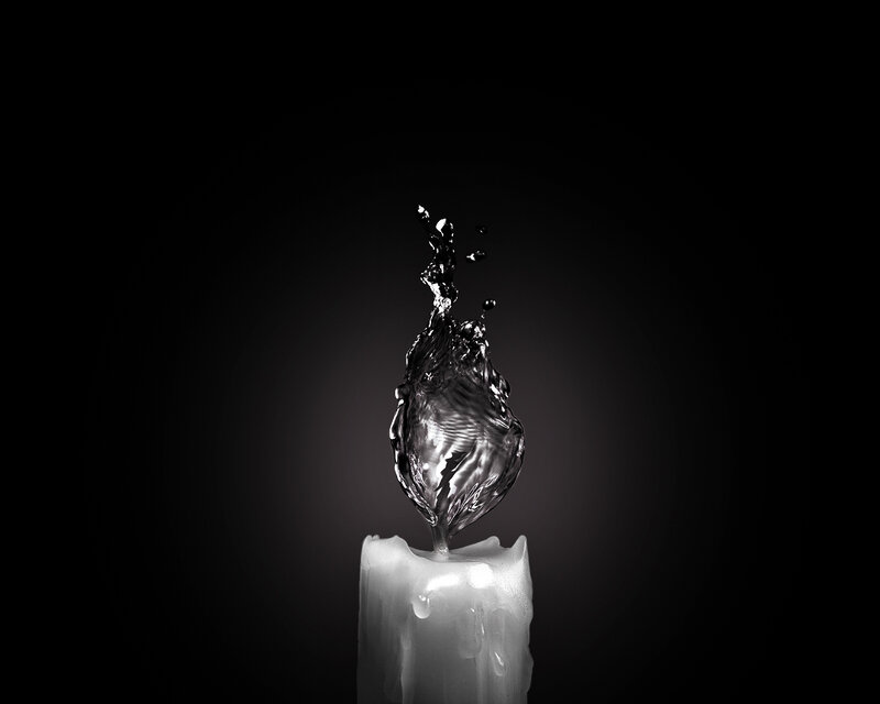 Candle with Water Splash — Black, Dramatic, Photograph