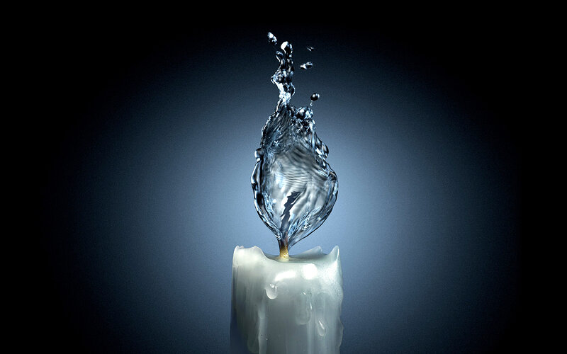 Candle with Water Splash — White, Dramatic, Photograph, Flame