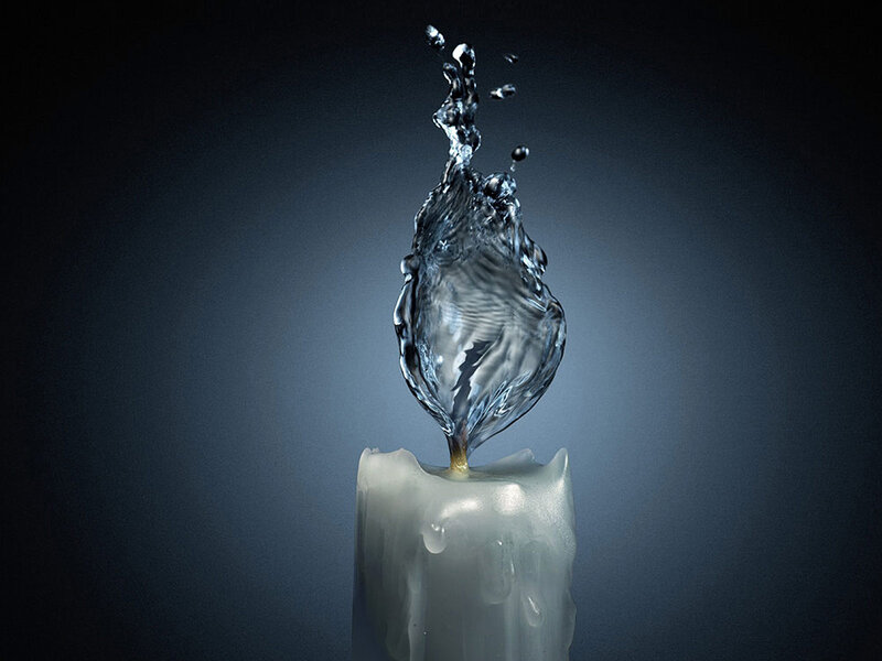Candle with Water Splash — White, Dramatic, Photograph