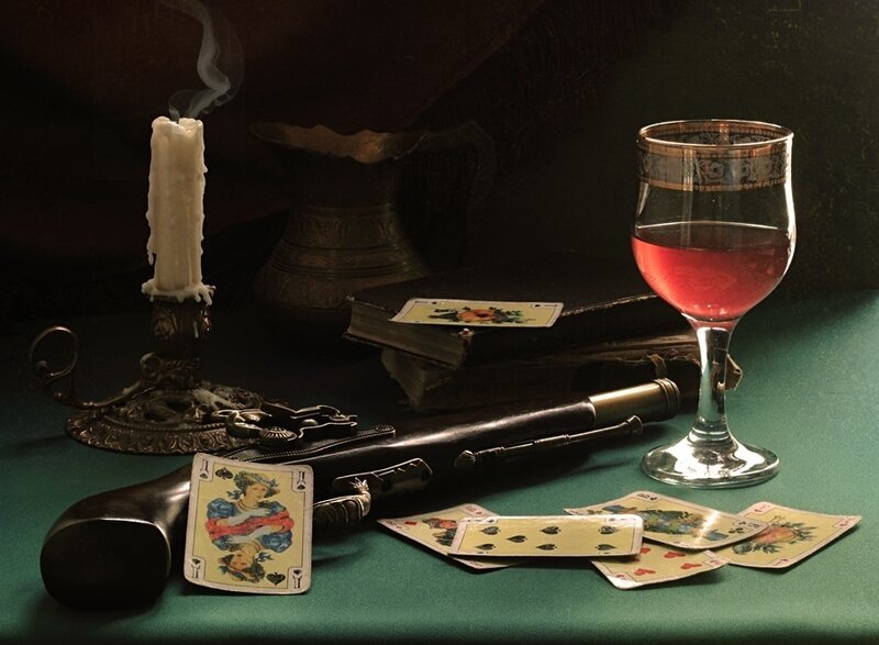 Candlelight card game with pistol