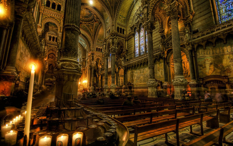 Candlelit cathedral interior