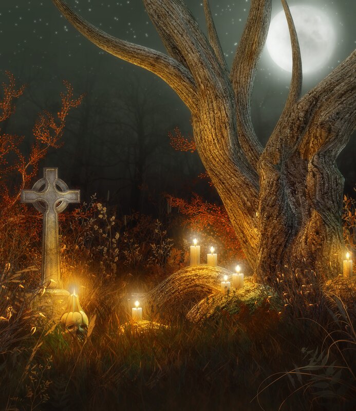 Candlelit grave in moonlight