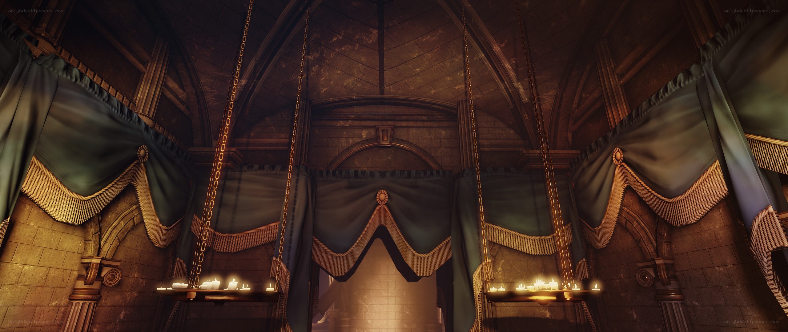 candlelit hall with green drapes