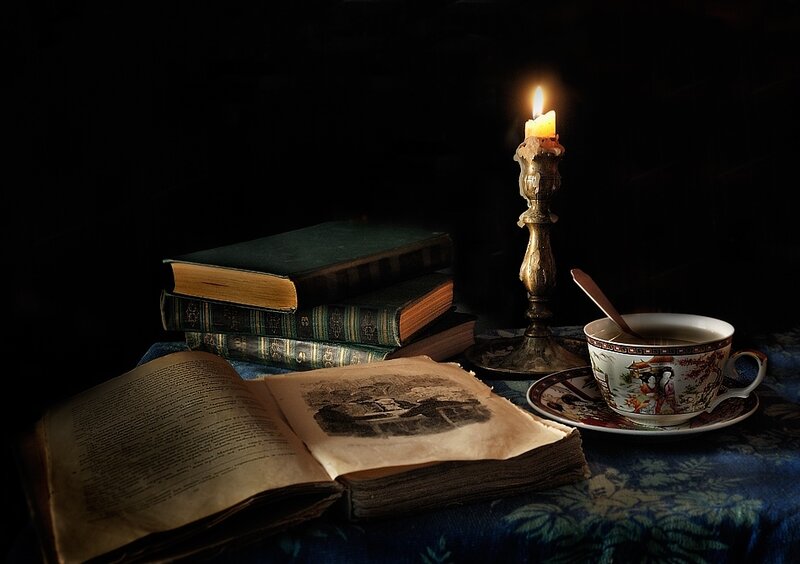 Candlelit reading scene