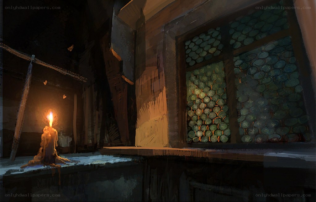 candlelit room with stone window
