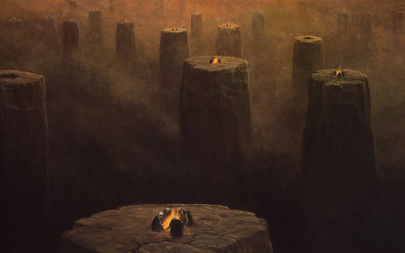 Candlelit stone pillars