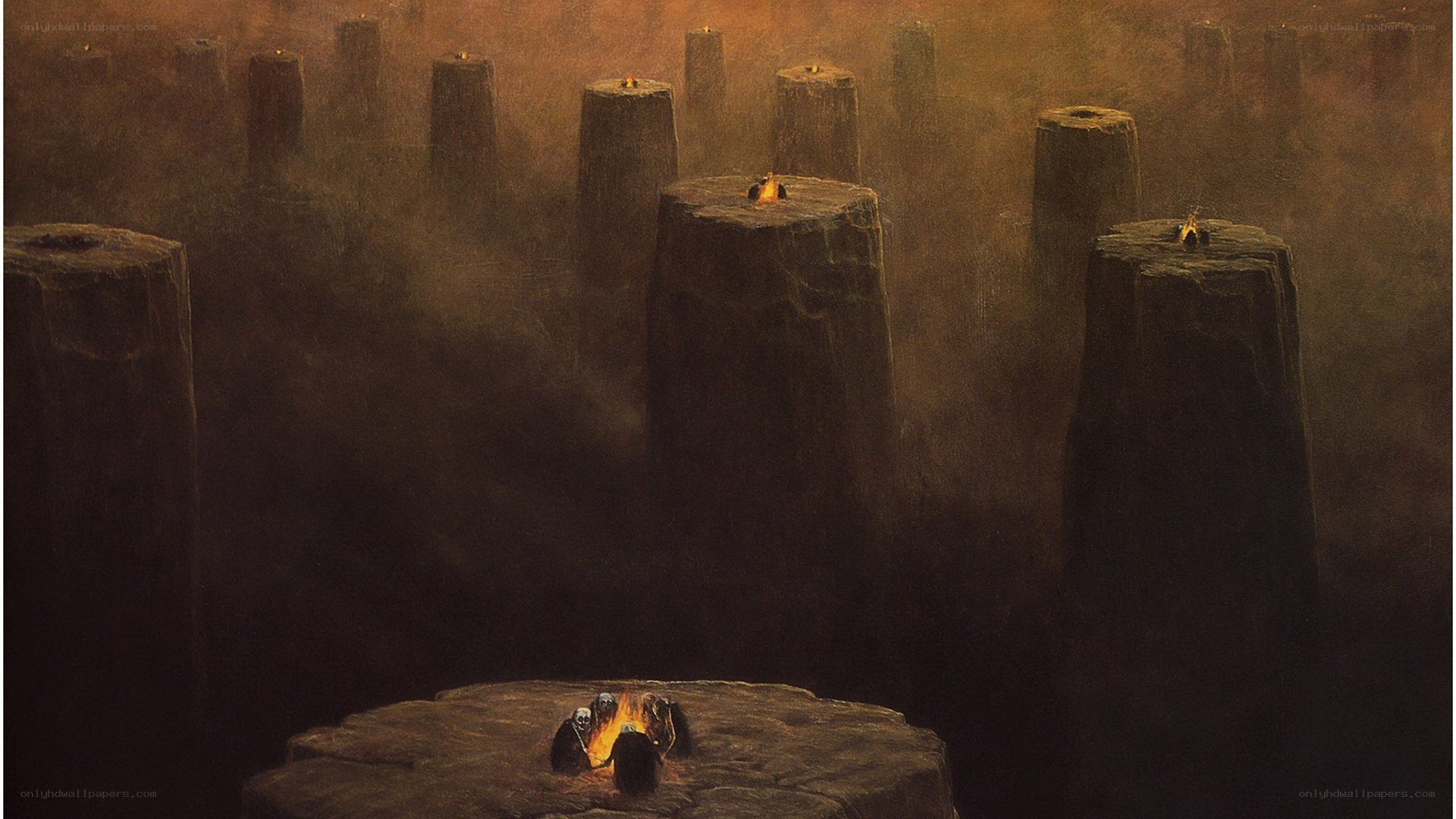 Candlelit stone pillars
